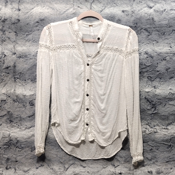 Free People Every Day Girl Shirt Women's XS White Lace Swiss Dot 90s Y2K - Picture 2 of 11